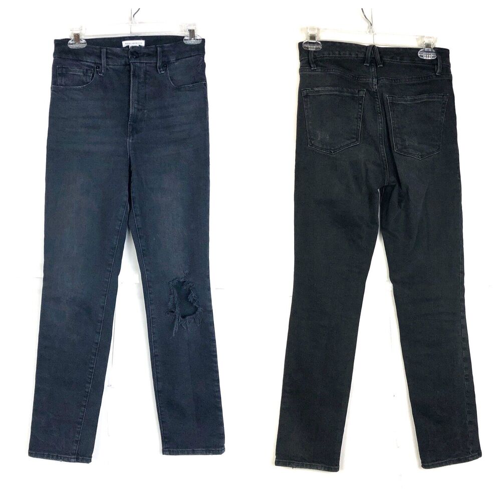 GOOD AMERICAN Good Classic Black Distressed Jeans Size 0/25 Black206